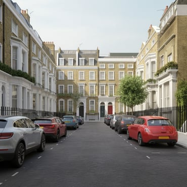 Typical residential street in London with on-street parking.